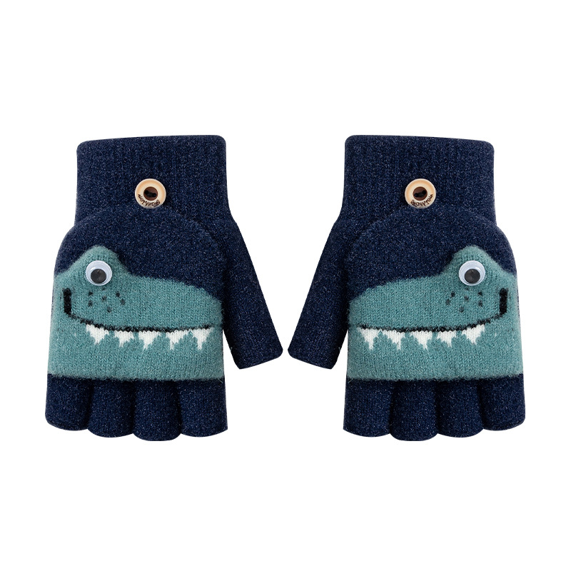 Children's Knitting Wool Gloves Autumn and Winter Cold-Proof Warm Flip Cartoon Cute Knitting Boys Fleece-lined Wholesale Primary School Students