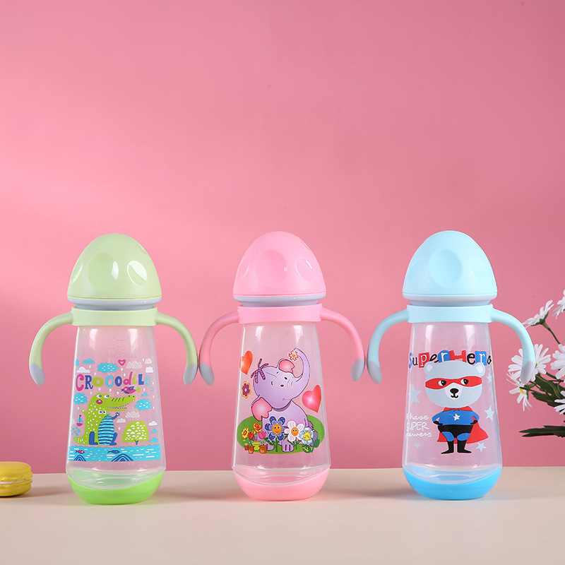 New Cartoon Pp Bottle with Handle Anti-Fall Bite-Resistant Silicone Nipple Bottle Newborn Choke Proof Anti-Flatulence Baby Bottle