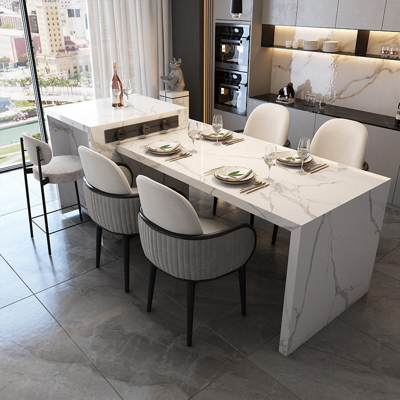 岩板伸缩岛台餐桌一体北欧现代小户型倒台加餐桌错位设计岛台吧台