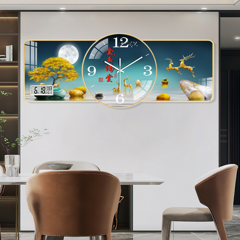 Creative Crystal Porcelain Painting Wall Clock Living Room Hanging Wall Clock Free Punched Tape Calendar Noiseless Clock Restaurant Decoration Painting Pocket Watch