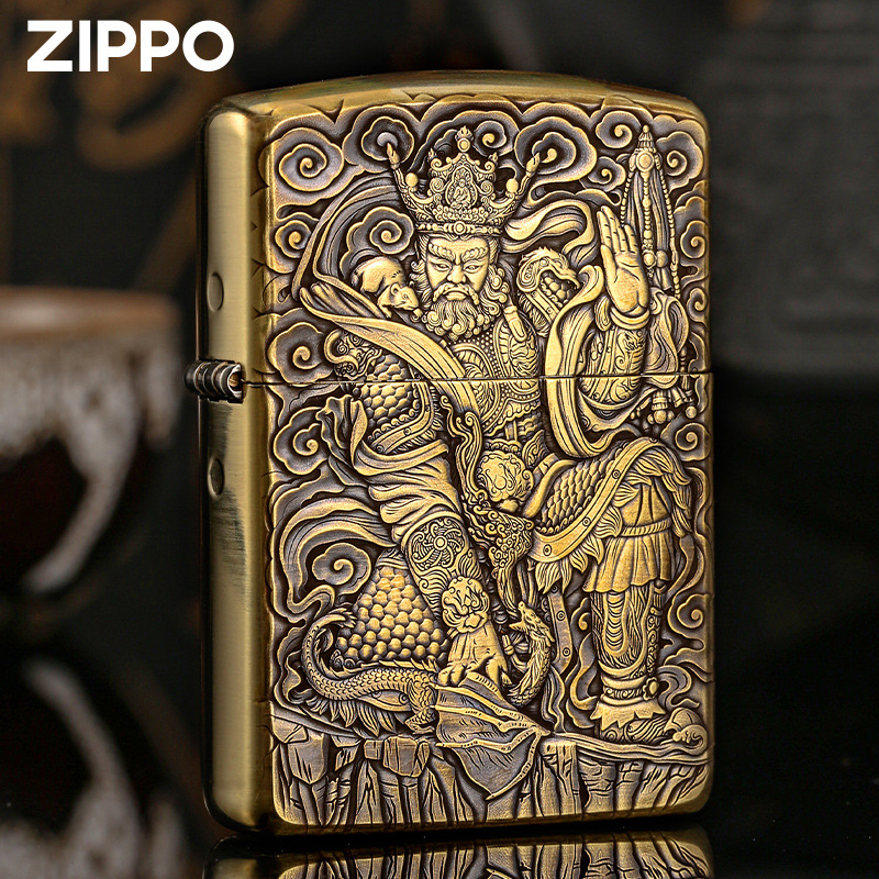 zippo美国正版煤油打火机 鬼王系列:多闻天王金色盔甲(带签名)