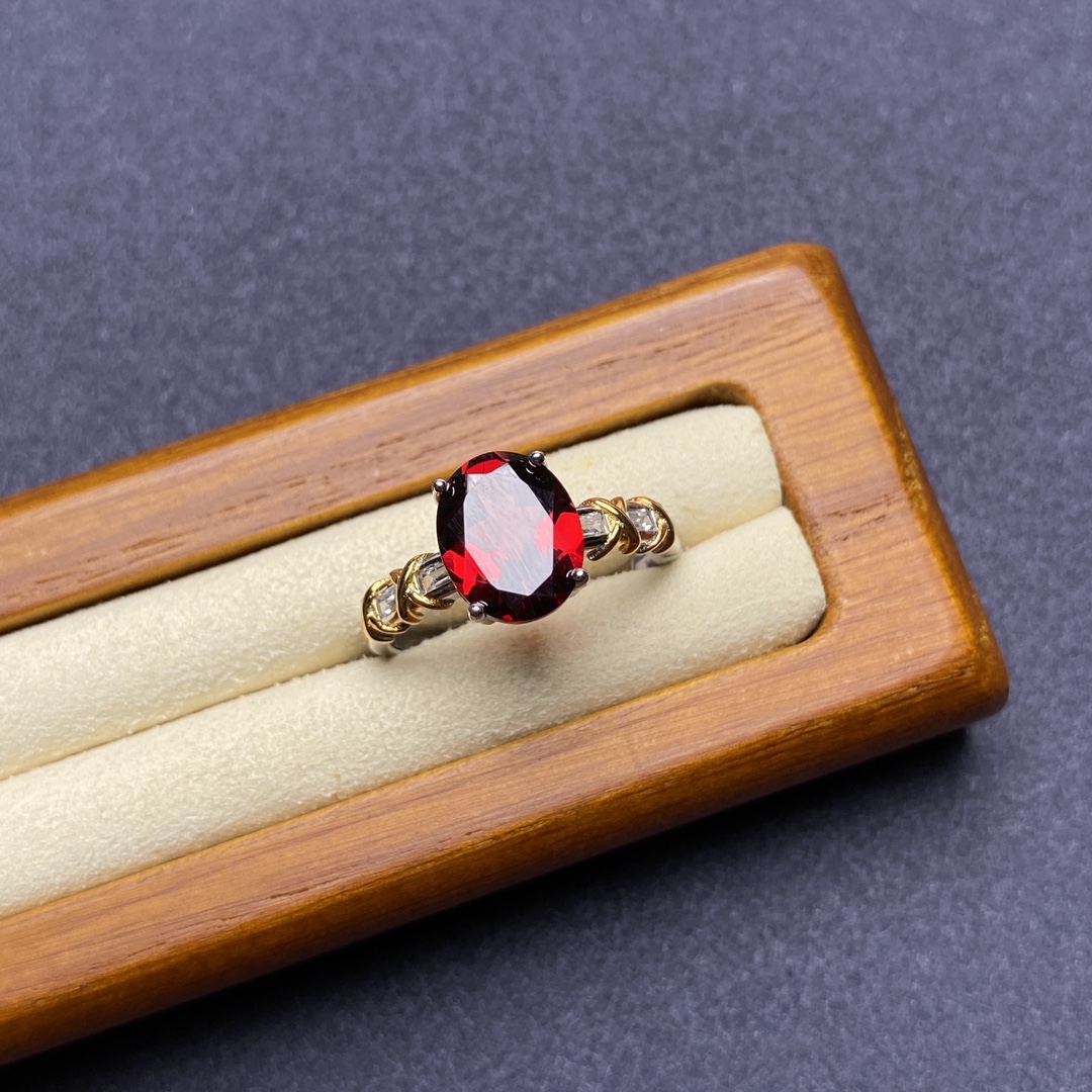 天然彩宝石榴石戒指女人石椭圆切面爪镶s925纯银戒托活口女戒
