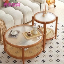 日式创意实木藤编茶几组合北欧简约客厅家用小户型圆形玻璃茶桌