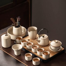 米黄汝窑功夫茶具套装家用陶瓷茶壶盖碗茶杯茶盘喝茶中式