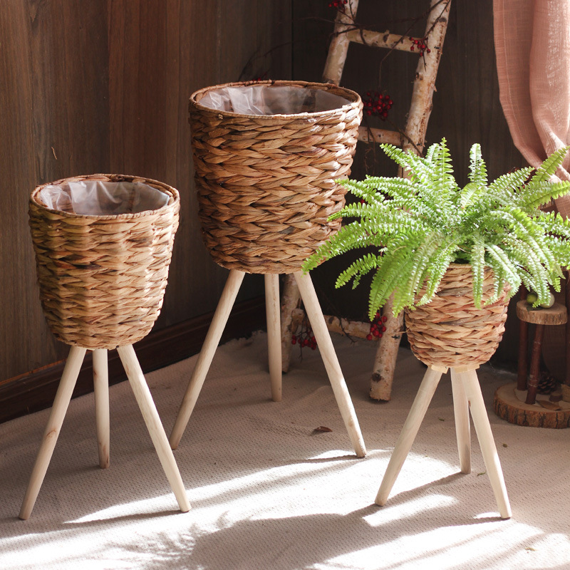 蒲草编织落地木质花架绿萝花盆架子室内客厅阳台装饰藤编花篮北欧