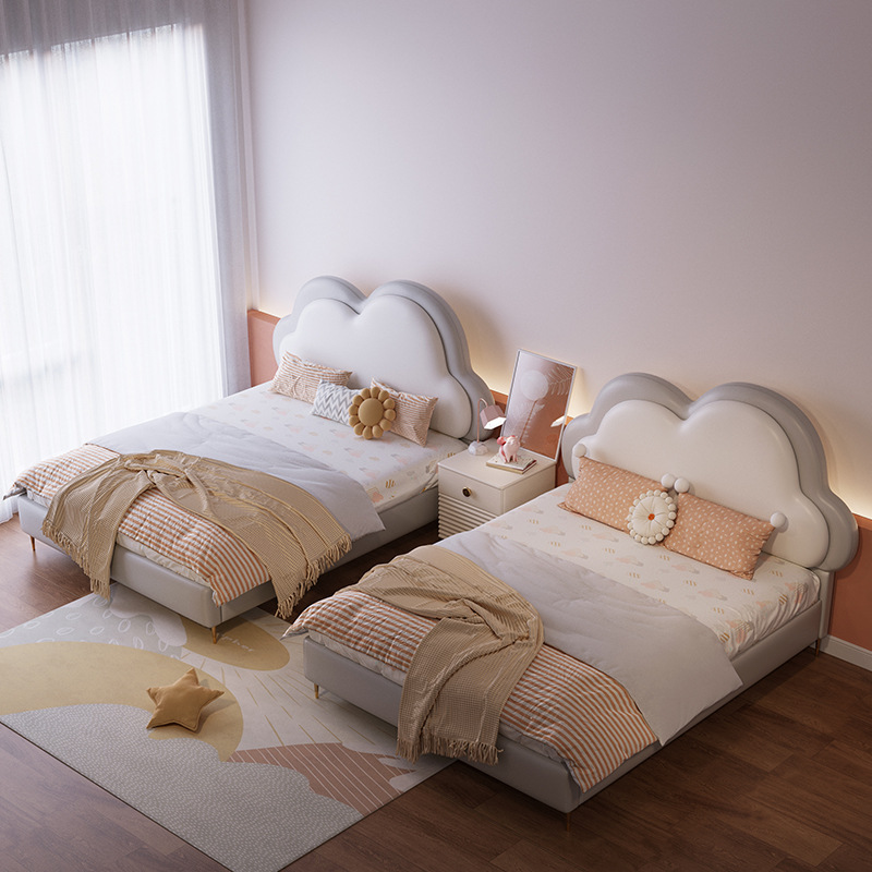 简约儿童床女孩公主床卧室软包床实木1.2m单人床小户型云朵男孩床