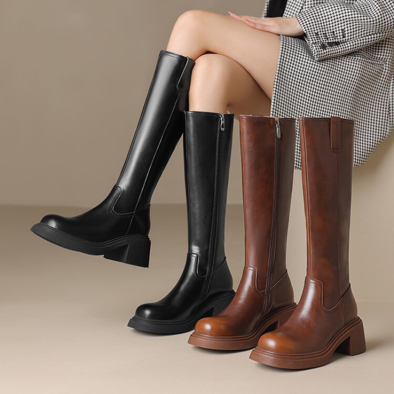 女士真皮皮靴秋冬新款高筒靴拉链厚底高跟女鞋跨度外贸粗跟烟筒靴
