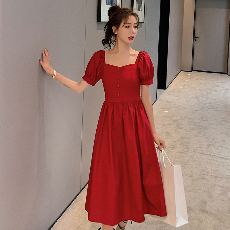 实拍新款泡泡袖红色连衣裙女夏季收腰显瘦方领温柔风甜美初恋长裙