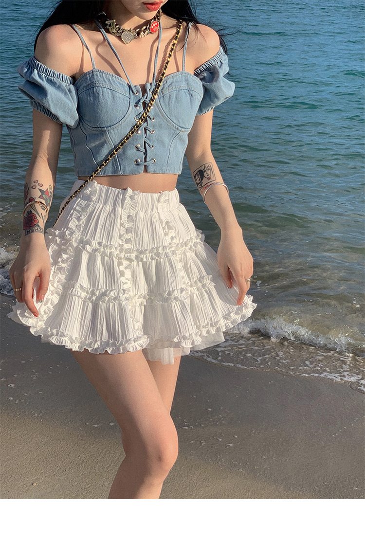 芭比姨 a字半身裙女夏2022年新款高腰褶皱花边纱裙设计感蛋糕短裙
