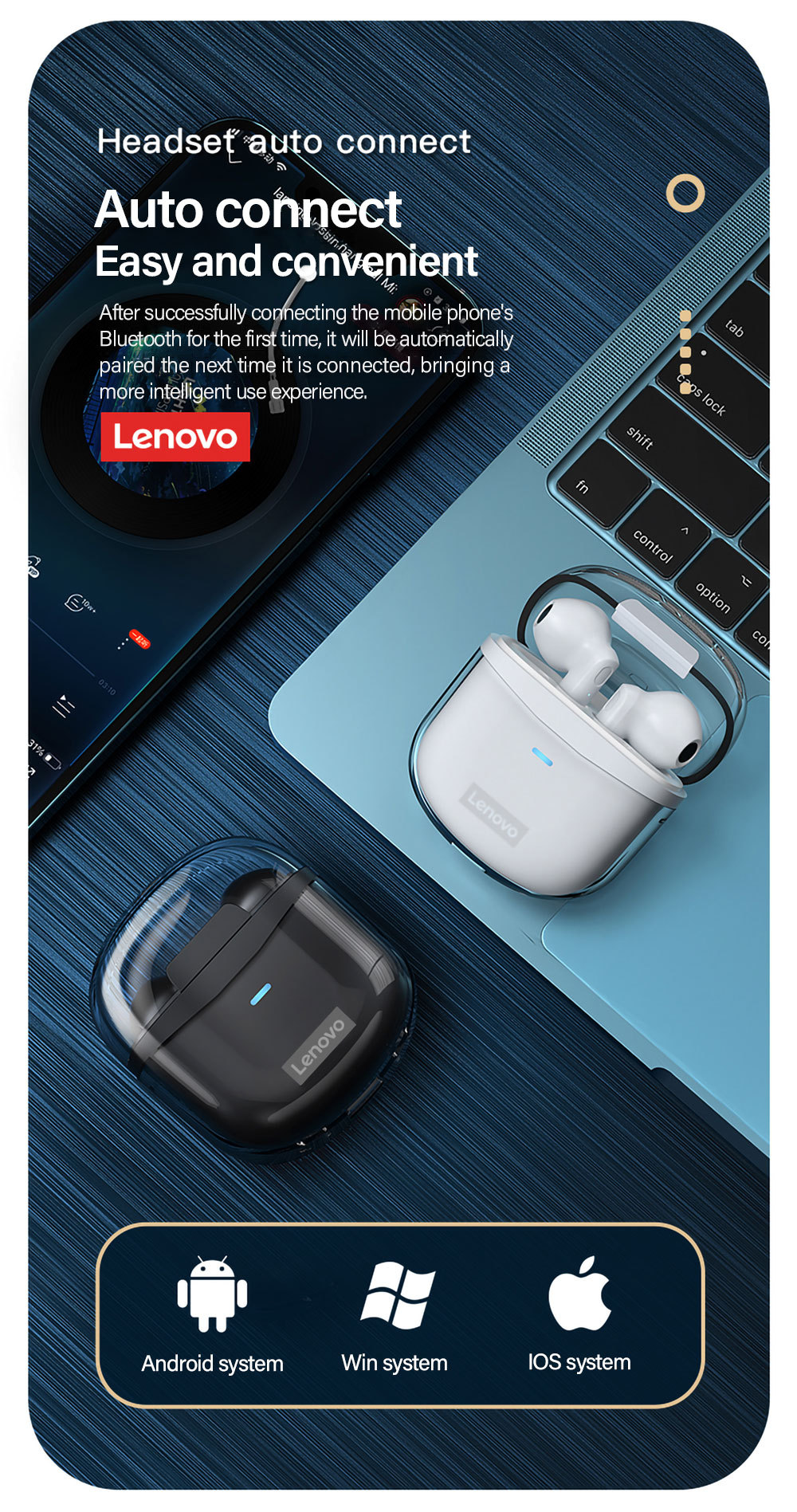 lenovo适用联想xt96 tws无线蓝牙耳机透明运动入耳式 跨境新品
