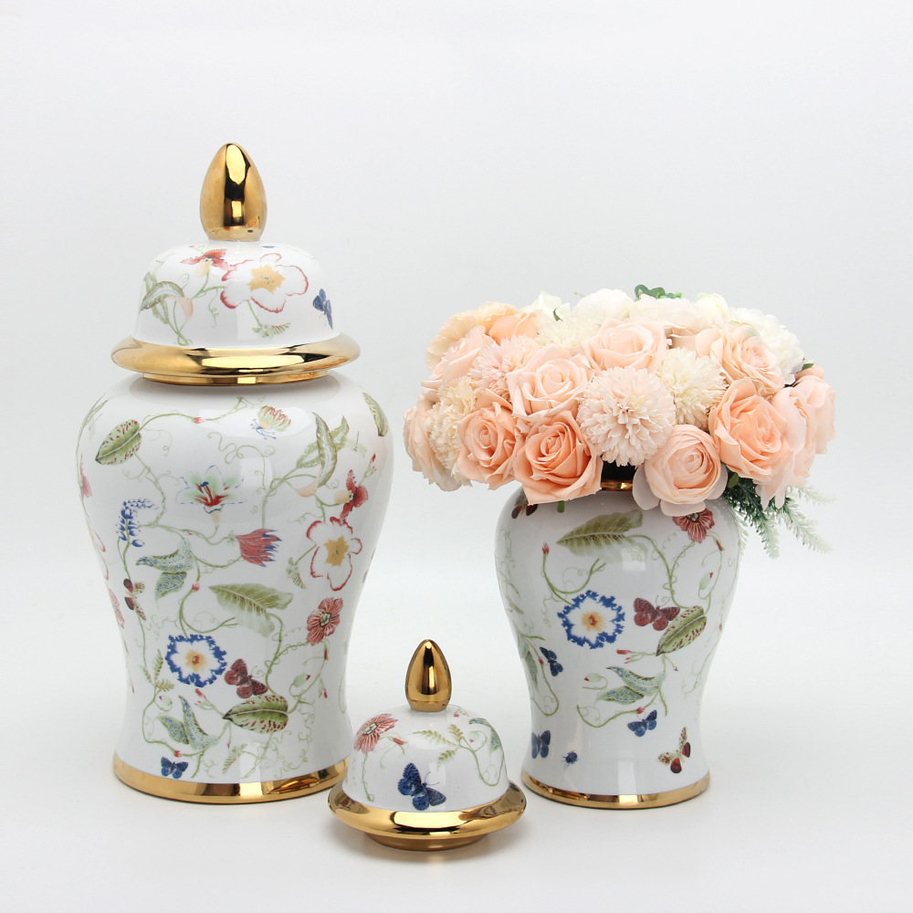 Jingdezhen Vase Ceramic Decoration Light Luxury Flower Bird Butterfly Temple Jar Artware Decorations Flower Arrangement Decoration