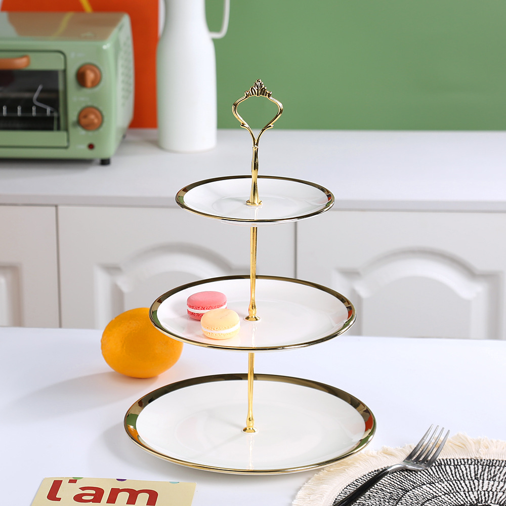 European Golden Rim Ceramic Cake Plate High-Grade Three-Layer Candy Plate Afternoon Tea Dessert Cake Stand Multi-Layer Fruit String Disk