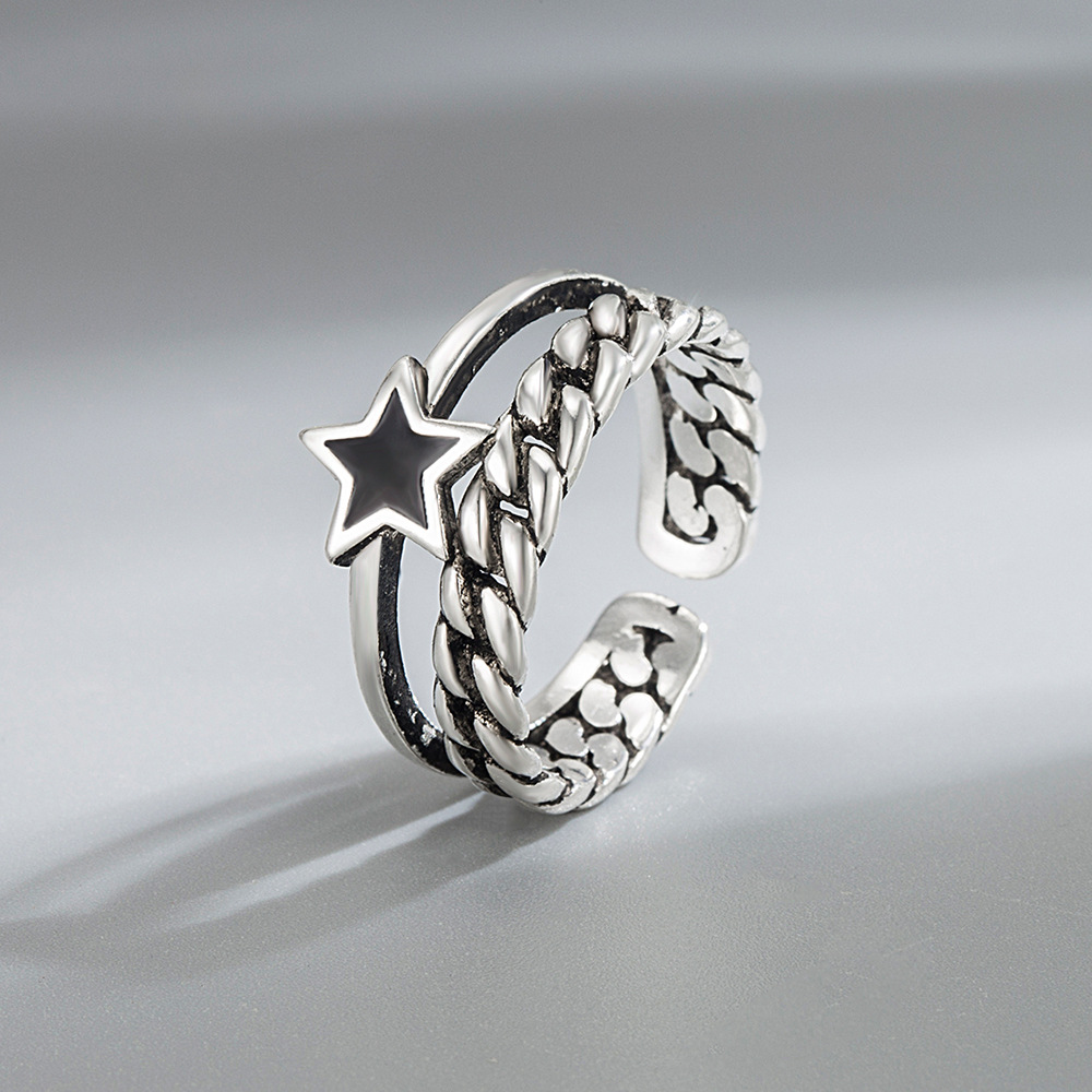 跨境亚马逊国潮做旧复古戒指女士滴胶五星角开口指环个性气质戒指