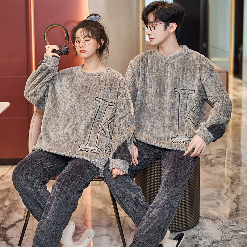 Couple Pajamas Women Winter Thickened Plush Autumn and Winter Flannel 320G Long Sleeve Men plus Size Homewear Suit