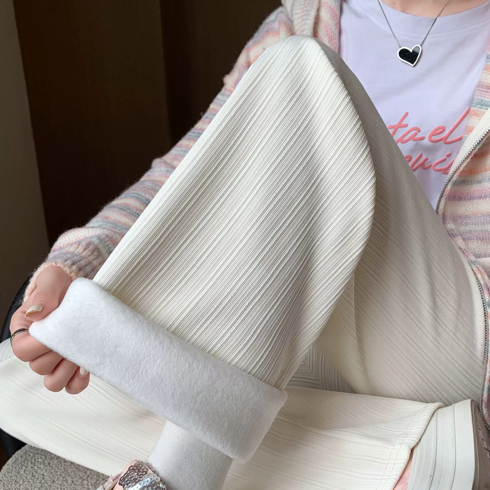 H389窄版竖条纹加绒阔腿裤女秋冬新款宽松显瘦高腰垂感直筒休闲裤