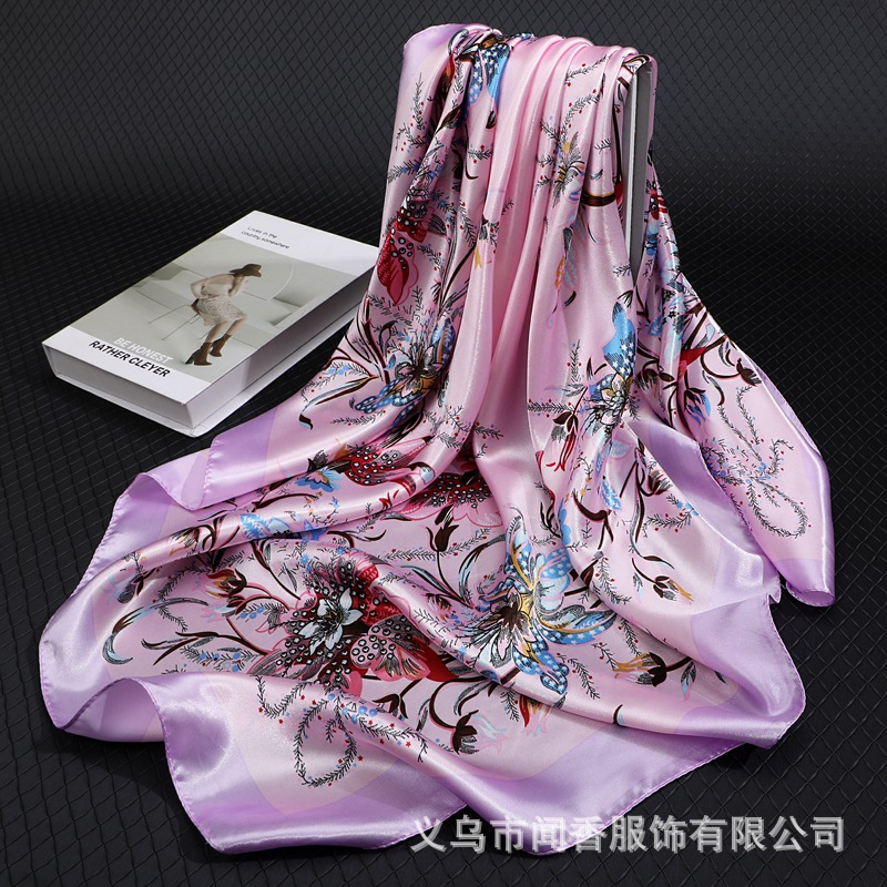 Hot Sale 90 Square Scarf Satin Emulation Silk Scarf Glossy Printed Scarf for Middle-Aged and Elderly People Sun Protection Closed Head Scarf Shawl