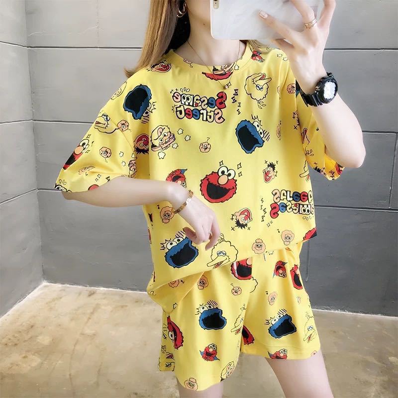 2021 New Summer Pajamas Women's Short Sleeve Thin Ins Style Home Wear Summer Cute Student Two-Piece Suit