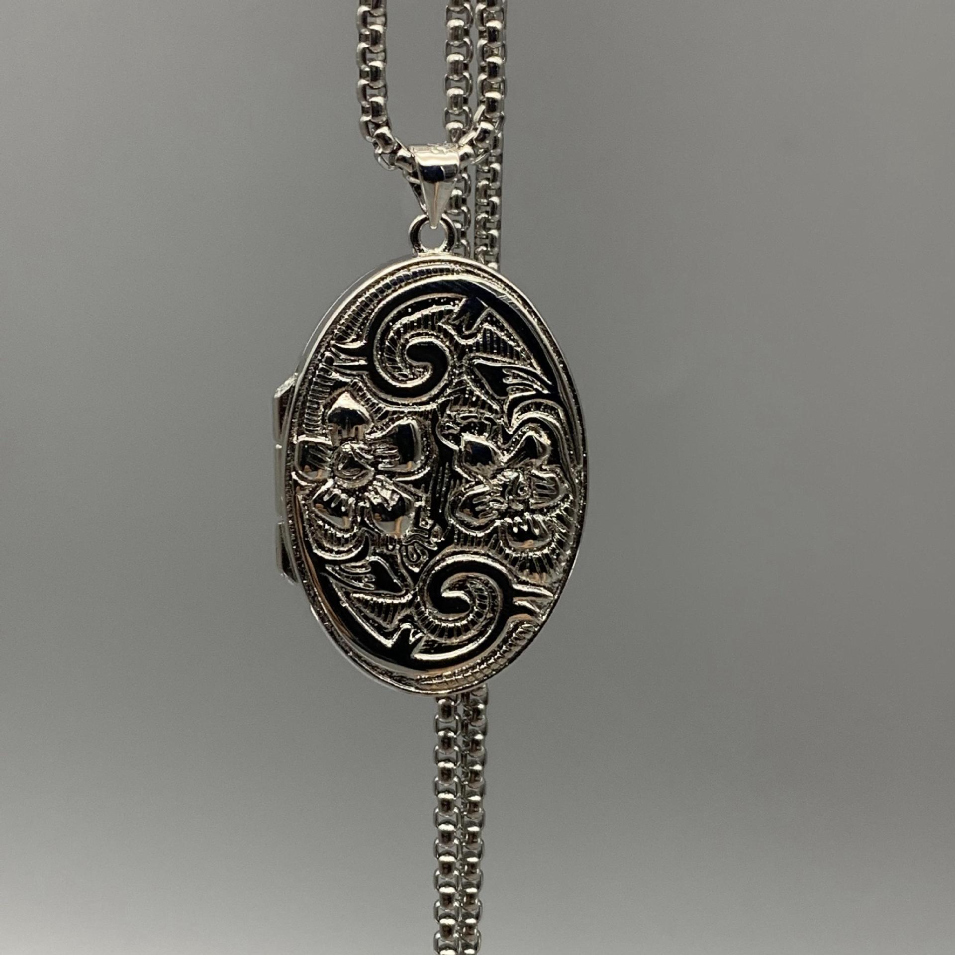 国潮风原创设计花纹椭圆形可以打开放照片护身符项坠吊坠项链男女