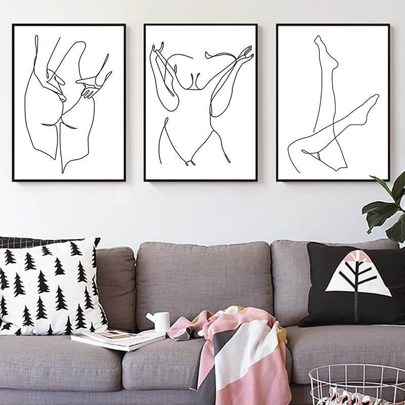 北欧现代人体线条帆布画抽象艺术女孩家居装饰画芯一件代发