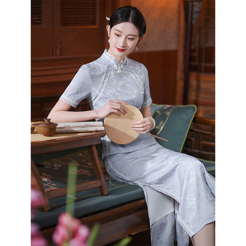 旗袍高级质感年轻2023年新款夏女简约大方纯色复古民国风苏式蓝色