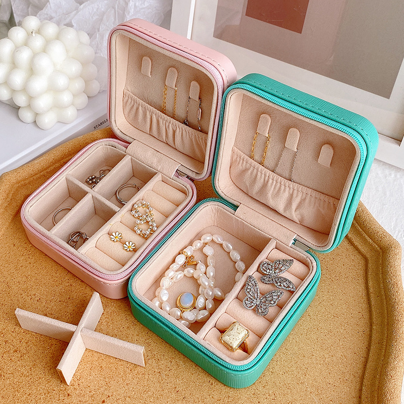 Simple and Portable Palm Jewelry Box European and American Style Ring Earring Storage Box Zipper Flip Travel Trinket Box