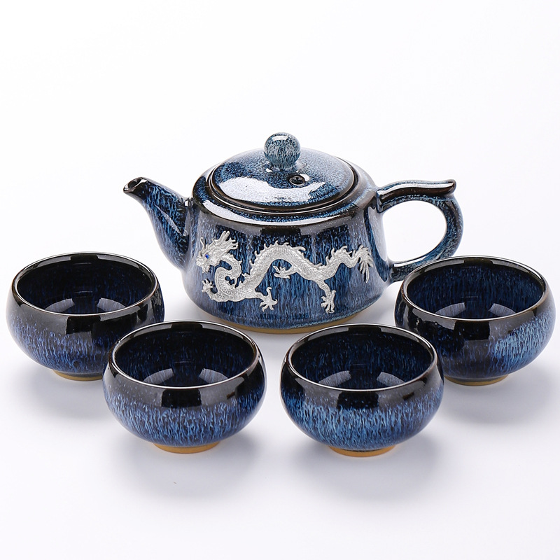 钧窑镶银一壶四杯旅行茶具茶杯茶壶中式复古家用办公室茶盏便携装