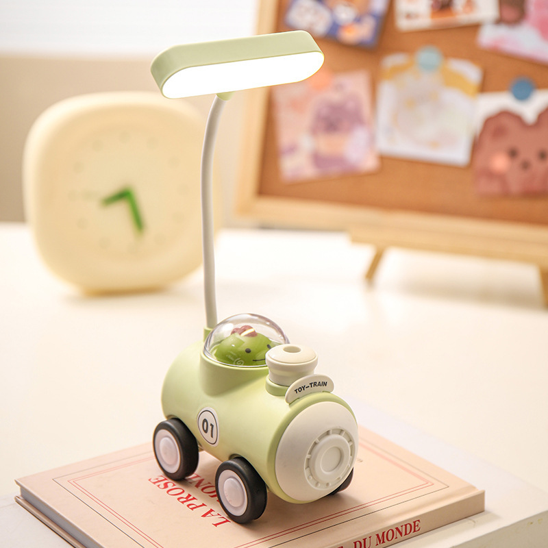 Led Small Train Table Lamp with Pencil Sharpener Cute Desk Decoration Small Night Lamp Cartoon Stationery Gift