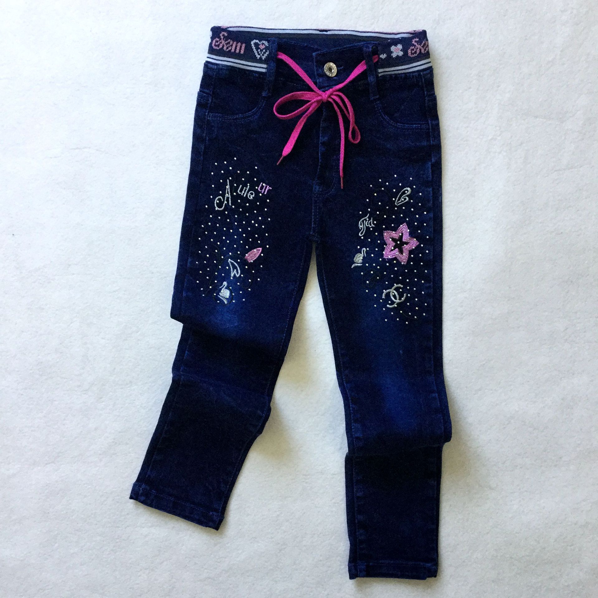 外贸童装牛仔裤女童烫钻绣花罗纹系绳牛仔长裤厂家直销童装牛仔裤