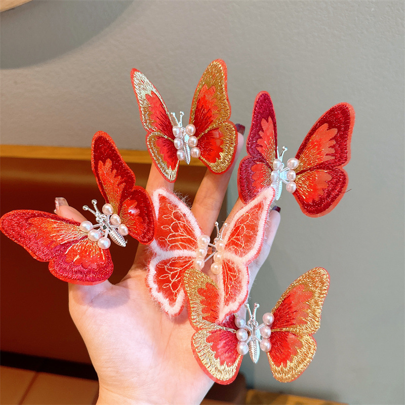 New Super Fairy Moving Butterfly Barrettes Children's New Year Red Embroidery Butterfly Hairpin Female Clip Little Princess Headdress