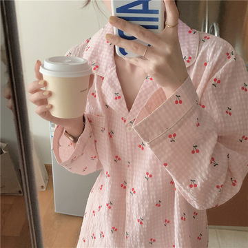 韩国外贸女士ins秋新款家居服格子樱桃时尚开衫睡衣长袖长裤套装