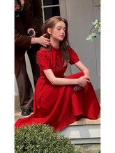 14882法式复古宫廷风高端精致名媛短袖半高领重工收腰红色连衣裙
