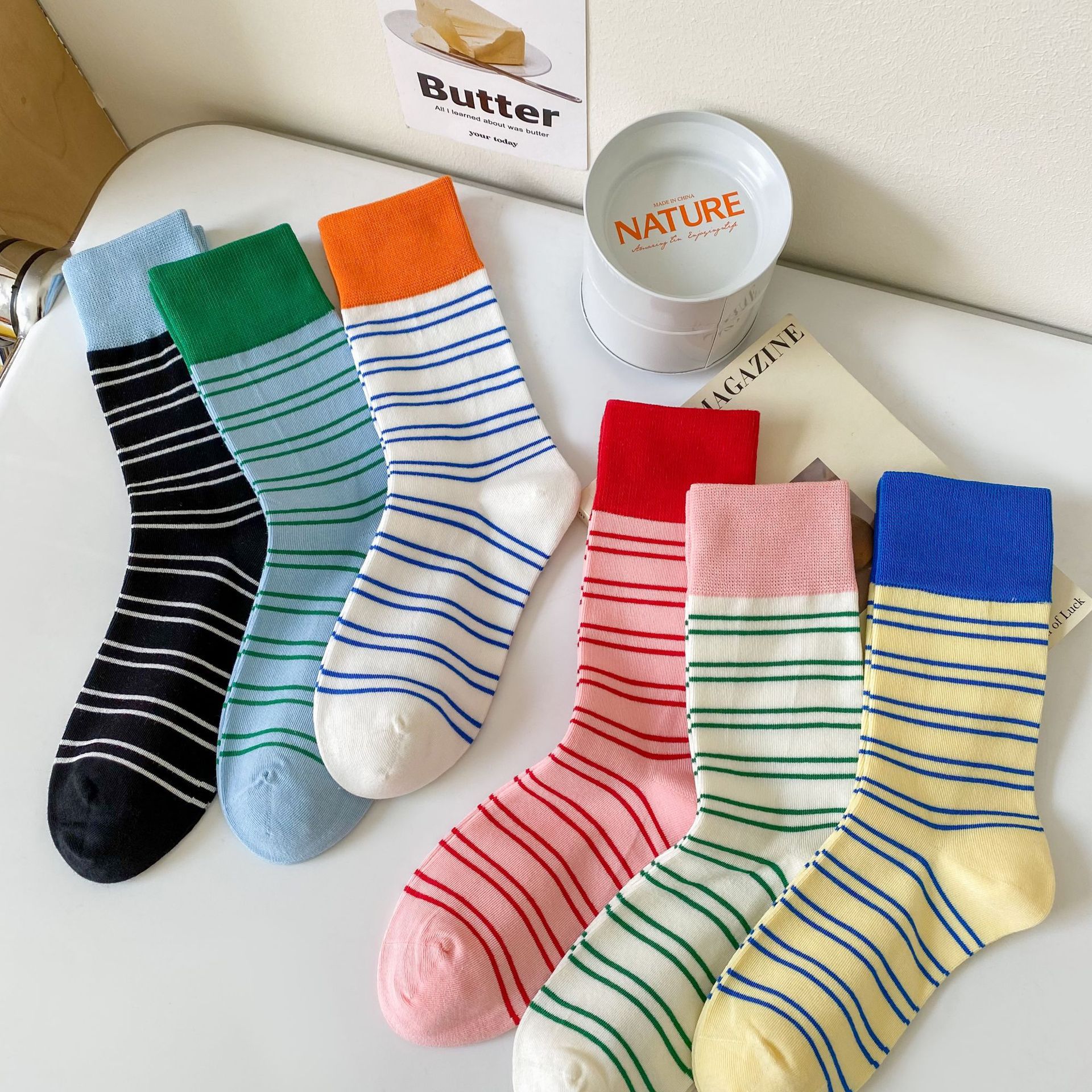 多巴胺袜子撞色网红时尚中筒袜潮袜夏季薄款无骨袜吸汗透气日常款