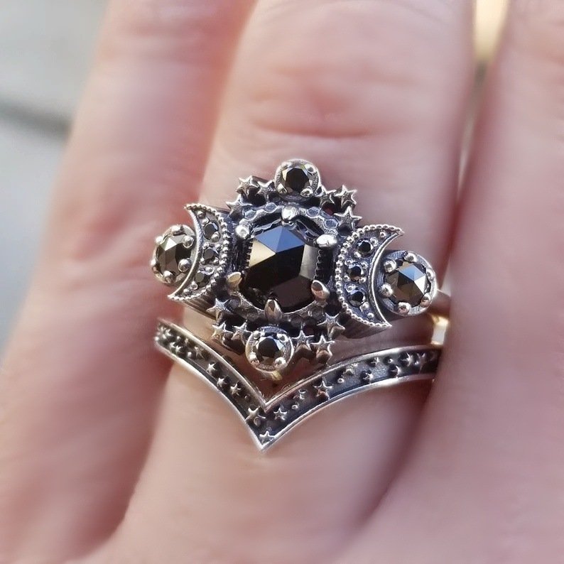 Chino Cross-Border Gothic Universe Moon Engagement Ring Set Moon and XINGX Black Ring Jewelry