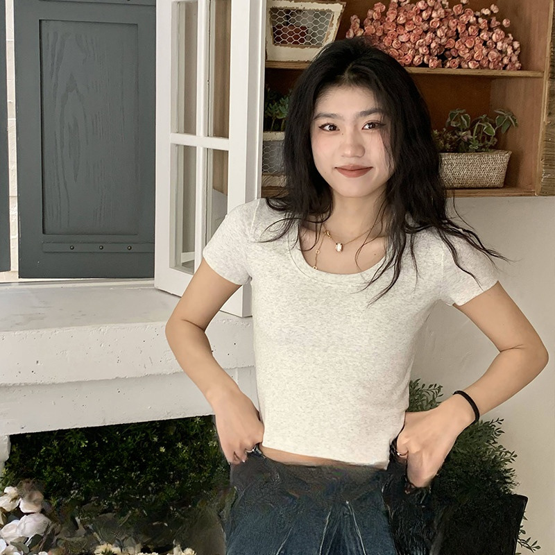 橘子树在哪儿正肩短袖u领短款t恤女夏季修身辣妹露脐高腰半袖体恤