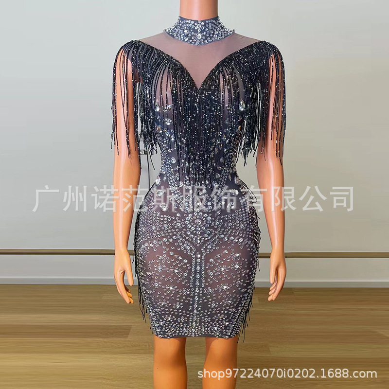 2024新款性感流苏 v 领水钻贴花舞台和舞蹈服装表演比赛拉链短裙