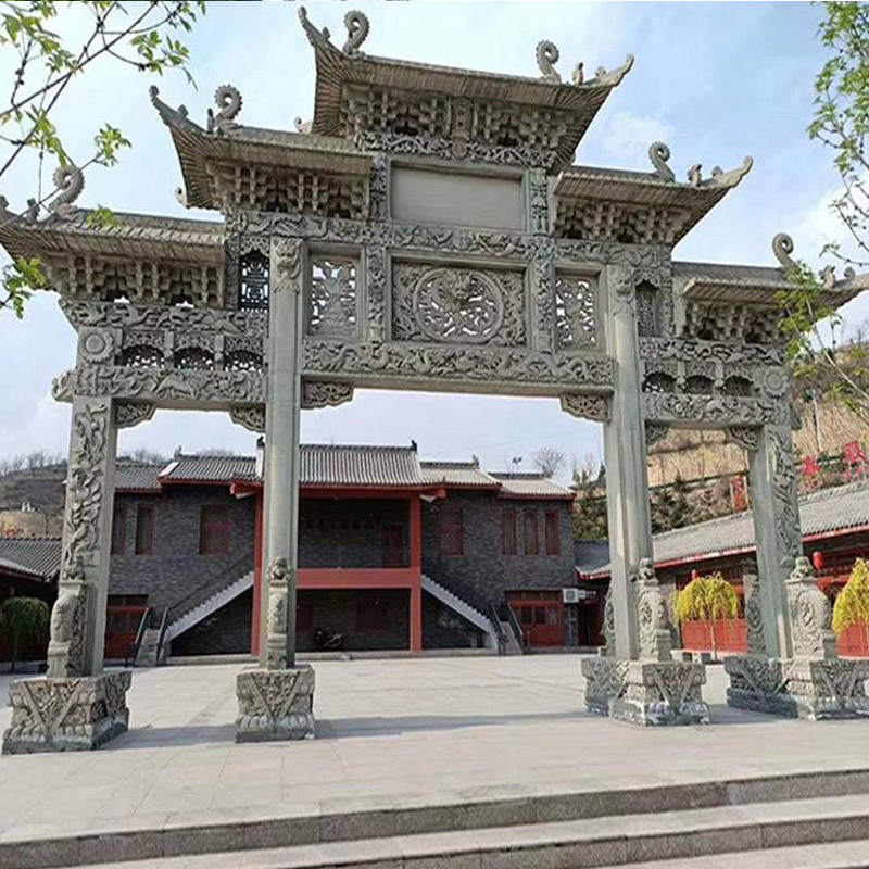 石雕牌楼牌坊村口单门仿古门楼花岗岩大型三门牌坊寺院山门古建筑