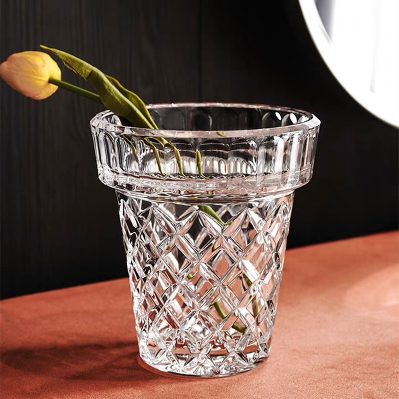 Crystal Glass Vase Transparent Light Luxury Flower Arrangement European-Style Home Living Room Creative Indoor Simple Wide Mouth Flower Pot Modern