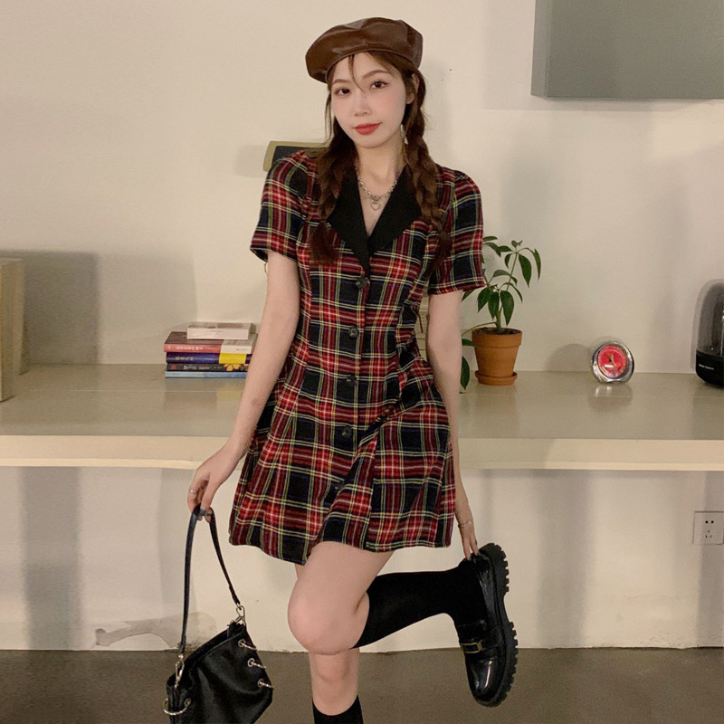 大码胖mm格子连衣裙女夏季西装领法式复古气质裙子收腰显瘦a字裙