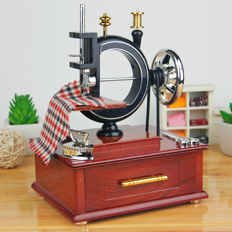 factory wholesale imitation wooden vintage new exotic old-fashioned hand sewing machine music box creative crafts music box