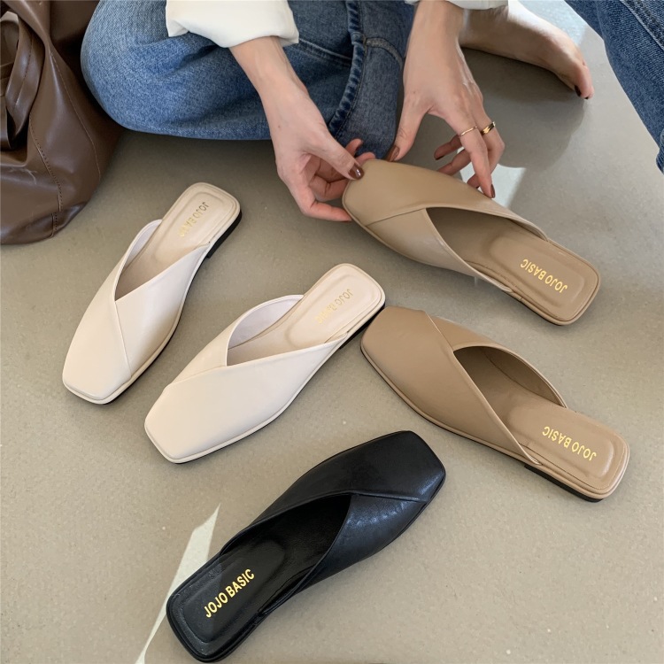 Plus Size Closed Toe Half Slippers Women's Foreign Trade 2023 Summer Outdoor Wear Square Toe Flat Bottom Slippers Lazybones' Mules Wholesale