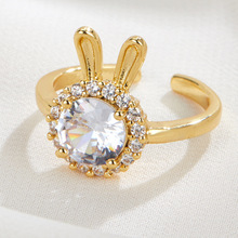 铜镀金兔子超闪锆石戒指开口可调节款简约手饰日系指环情侣对戒