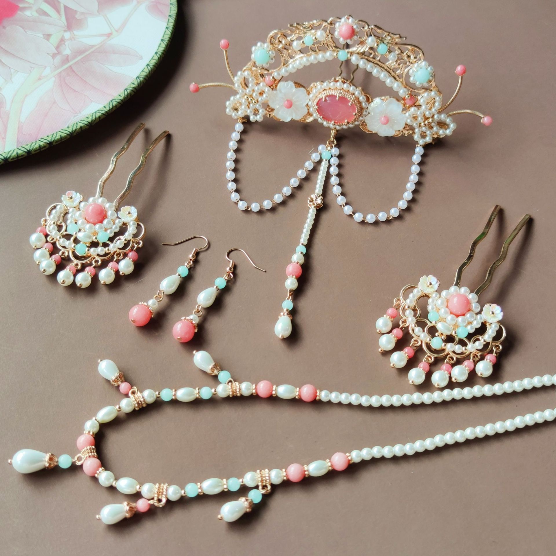 手工制作汉服头饰唐风发冠额饰璎珞项链耳环古风饰品古装配饰套装