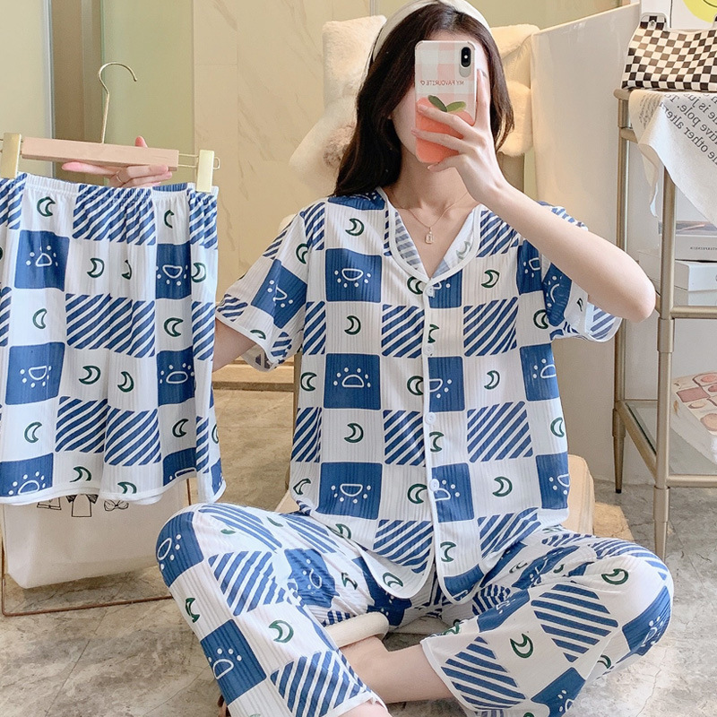 Tik Tok Live Stream Hot Selling Pajamas Women's Summer New Sunken Stripe Short-Sleeved Shorts Trousers Purple Peach Heart Can Be Worn outside Three-Piece Set