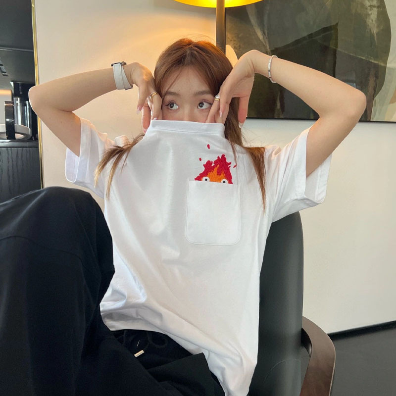 哈尔的移动城堡联名款口袋刺绣小火苗情侣圆领t恤夏季宽松潮短袖