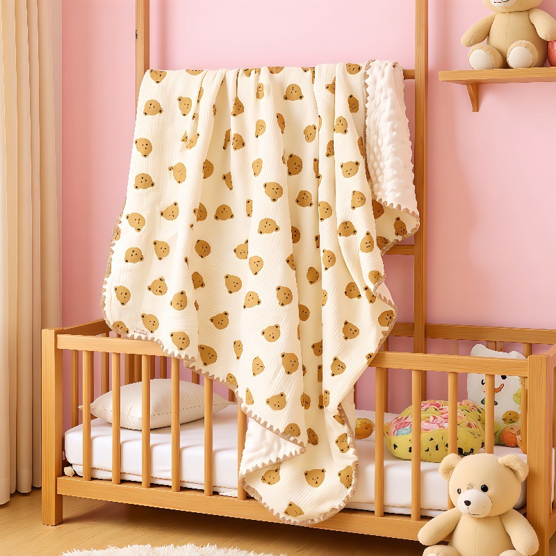 纱布ins风豆豆毯卡通印花宝宝幼儿园午睡毯子盖毯新生儿空调被