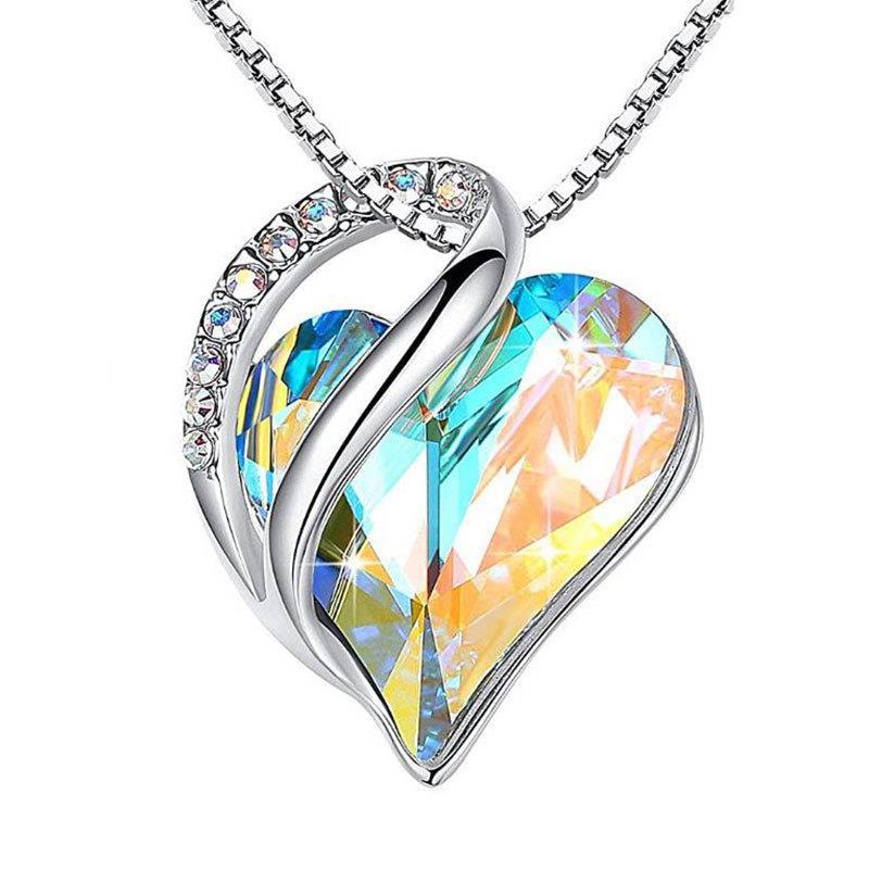 Amazon Hot Sterling Silver Geometric Heart Shape Colorful Austrian Element Crystal Pendant Necklace for Women