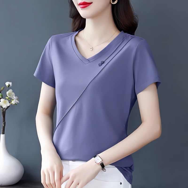 Summer New V-neck Short-Sleeved T-shirt for Women 2023 Fashionable Stylish Loose Middle-Aged Mom Top Solid Color T-shirt