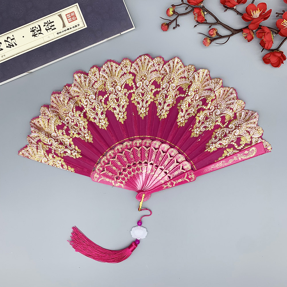 Chinese Auspicious Cloud Pattern Archaic Folding Fan Plastic Dance Chinese Style Folding Fan Factory Direct Sales