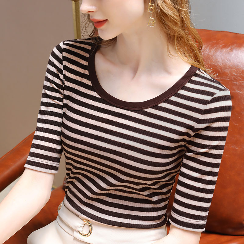 圆领中袖t恤女秋款女装2021年新款复古海军风条纹法式五分袖上衣