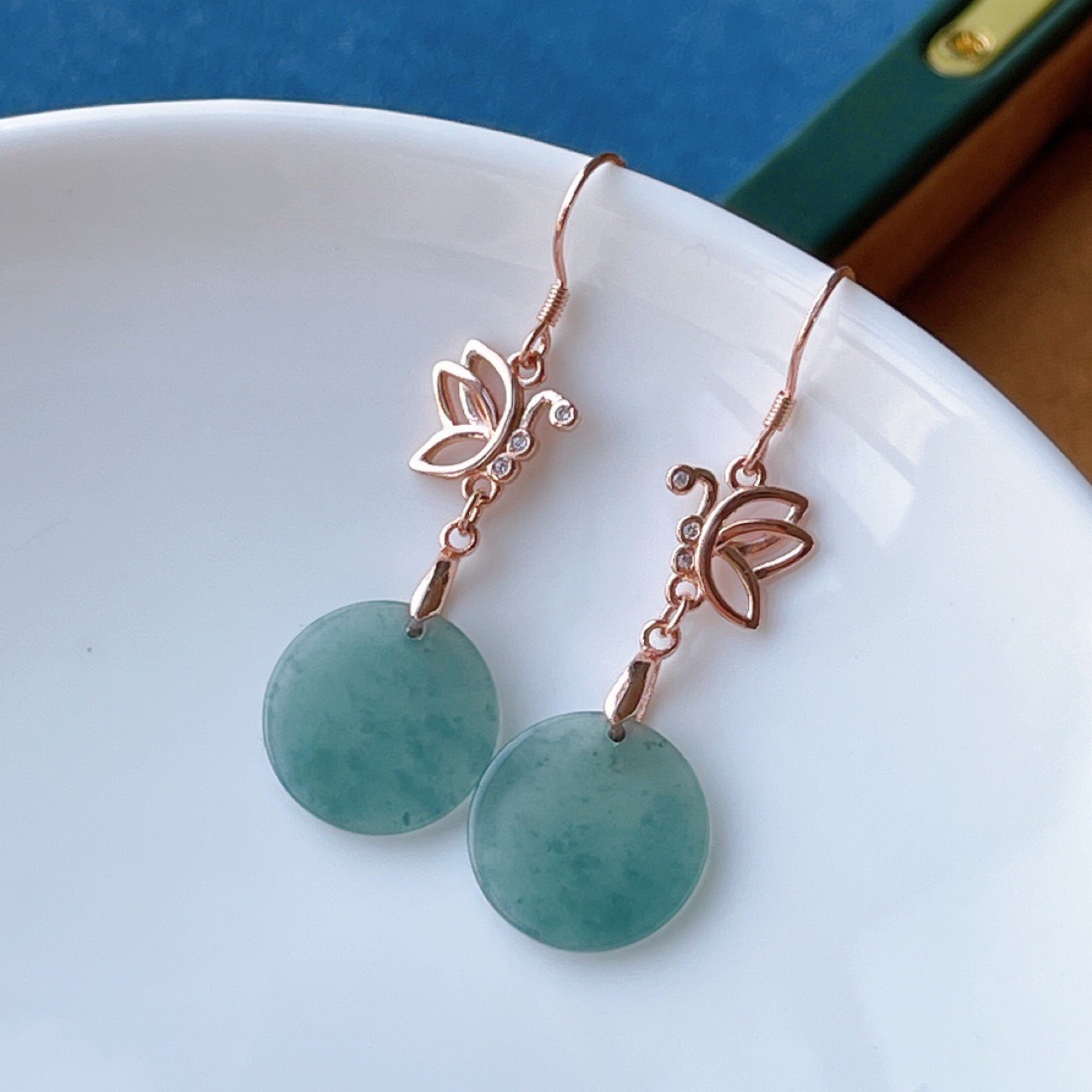 天然冰种翡翠耳坠 a货蓝水平安圆牌耳环气质时尚镶嵌玉石耳线女